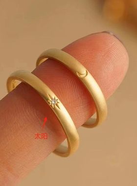 s925纯银日月戒指情侣对戒素圈金色复古尾戒指环礼物