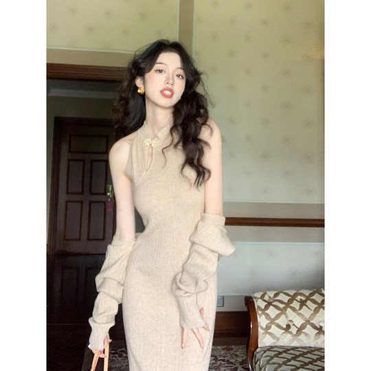 SYT自制 新中式旗袍针织套装连衣裙女秋冬修身显瘦裙短披肩两件套