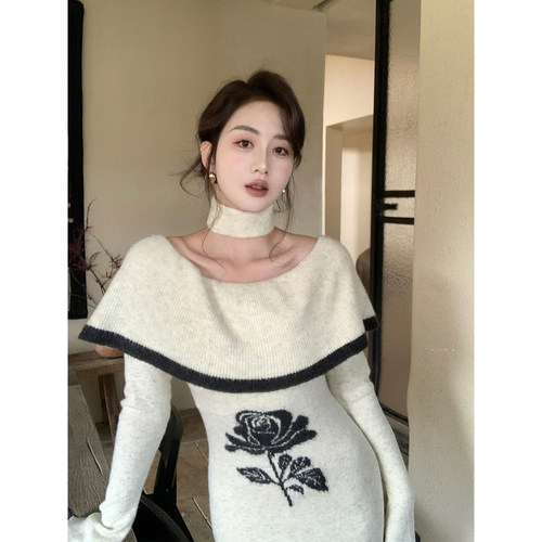 SYT自制 大圆领围脖花朵羊毛针织连衣裙女冬喇叭袖收腰A型修身裙 - 图0