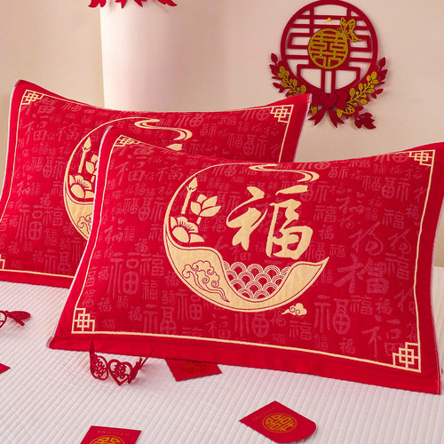 百福枕巾纯棉纱布枕头巾情侣家用婚庆福字大红色全棉盖巾新年垫巾 - 图1