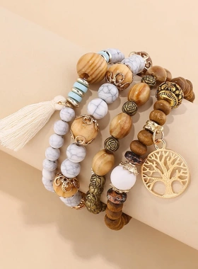 4Pcs/Set Boho Wooden Beaded Bracelet Set For Women Tree Of