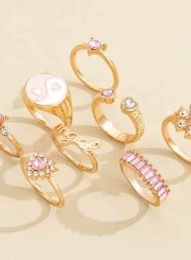 Fashion Pink Crystal Heart Ring Set For Women Enamel Yin