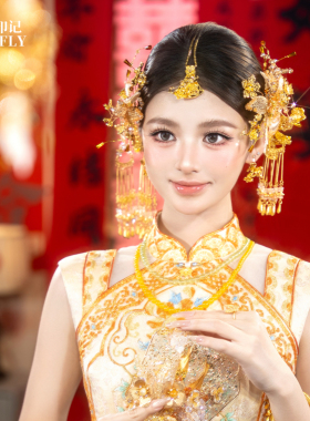 金色丝花羽毛宋锦缎面香槟珠新娘新中式头饰减龄秀禾旗袍晨袍发饰