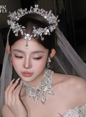 奢华手工新娘头饰结婚婚纱白纱婚礼额饰水钻皇冠王冠高级感发饰