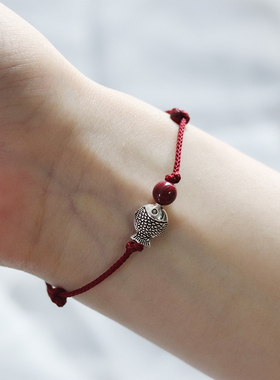 纯银上岸锦鲤手链红绳朱砂手绳女