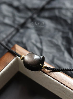 天然黑曜石小猫项链男女酷感百搭