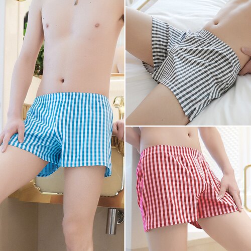 男士纯棉内裤阿罗裤小格子潮流宽松大码侧开衩平角裤全棉居家短裤 - 图2