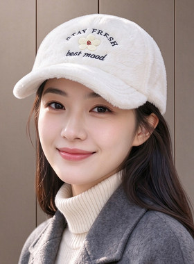 韩系甜美温柔小花刺绣毛绒棒球帽秋冬保暖鸭舌帽可爱休闲时尚潮流
