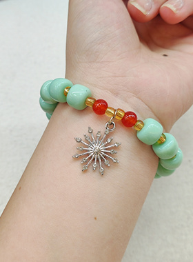 绿色琉璃手串小众民族国风学生新款饰品雪花镶钻水晶吊坠文艺手链