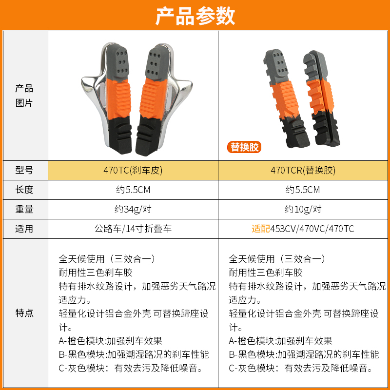 台湾永杰BARADINE公路车刹车皮 刹车块 铝合金壳 刹车胶470TC - 图1