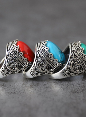 蒙古族戒指男霸气指环个性ins潮嘻哈复古首饰民族风钛钢蓝仿松石