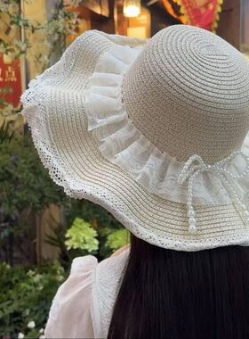 草帽遮阳子蝴蝶结新款女海边沙滩帽透气出游大帽檐帽防晒夏季