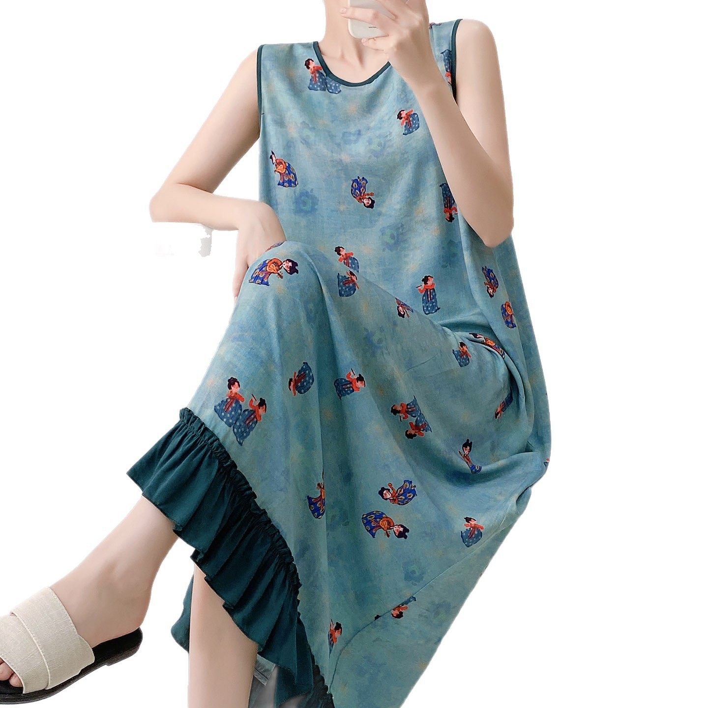 新中式国风无袖背心睡裙女夏季薄款棉绸宽松家居服套装可外穿背心,淘宝优惠券,粉丝福利购,淘宝优惠卷