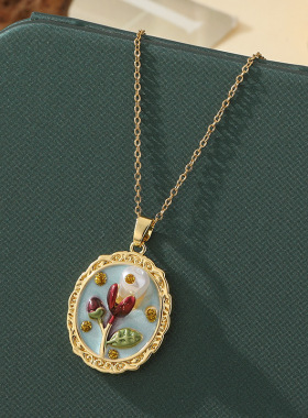 莫奈花园油画浪漫风手绘花朵吊坠项链时尚新中式不锈钢锁骨链配饰