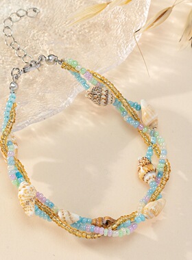 民族风复古手工串珠海螺编织手链女波西米亚海洋风可调节大小手圈