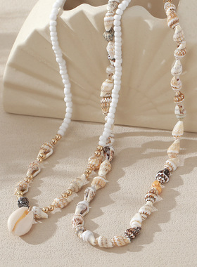 欧美跨境饰品串珠项链沙滩天然贝壳海螺项饰复古沙滩度假风锁骨链
