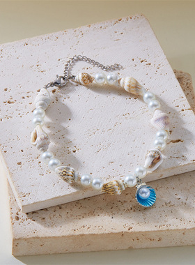 新款沙滩旅游海洋风仿贝壳饰品时尚百搭夏季天然海螺串珠吊坠手链