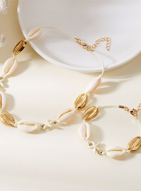欧美跨境新款沙滩仿海星组合套装夏季百搭天然贝壳编织手链项链品