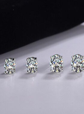 925纯银椭圆莫桑石耳钉简约四爪蛋形耳钉百搭通勤显气质女士银饰