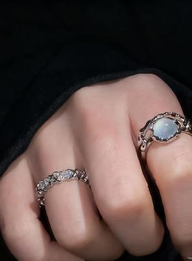 韩系月光石白月光镶钻轻奢高级感指环时尚个性小众设计开口戒指女
