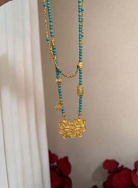 民族风醒狮天然绿松石古法沙金如意锁链项链毛衣链国风项链