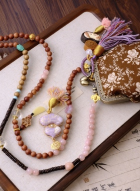 原创长款檀木斜挎多用毛衣链菩提念珠新中式葫芦吊坠零钱包斜挎包