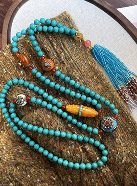 RENfuren新品国风尼泊尔天然绿松石加长斜挎项链多宝链