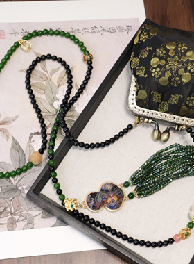 新中式国风长款绿流苏黑金包斜挎包包链斜挎链背背链项链的配饰