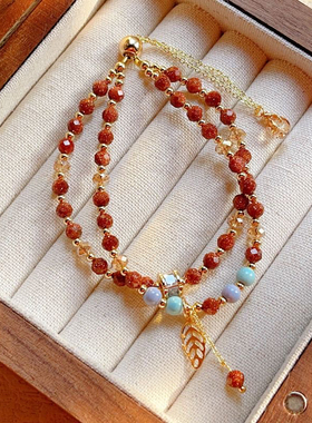 国风红金砂石手串 彩虹石双圈手链女极细切面闪光红色手饰品甜美