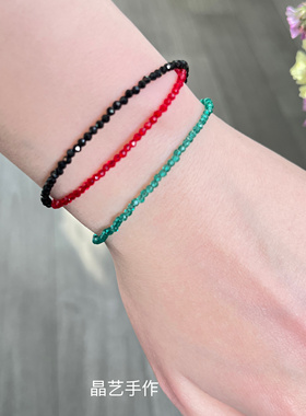 天然2mm极细超闪精致刻面手链石榴石黑尖晶金发晶14K包金不褪色