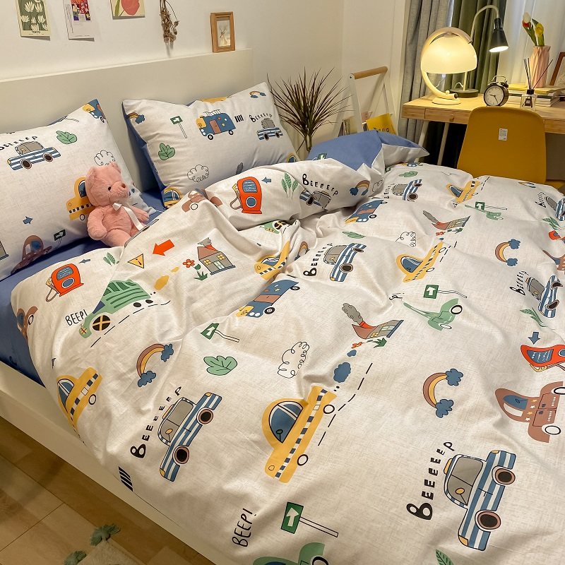 小汽车男孩 卡通可爱纯棉四件套学生单人儿童床品全棉被罩床笠款,淘宝优惠券,粉丝福利购,淘宝优惠卷