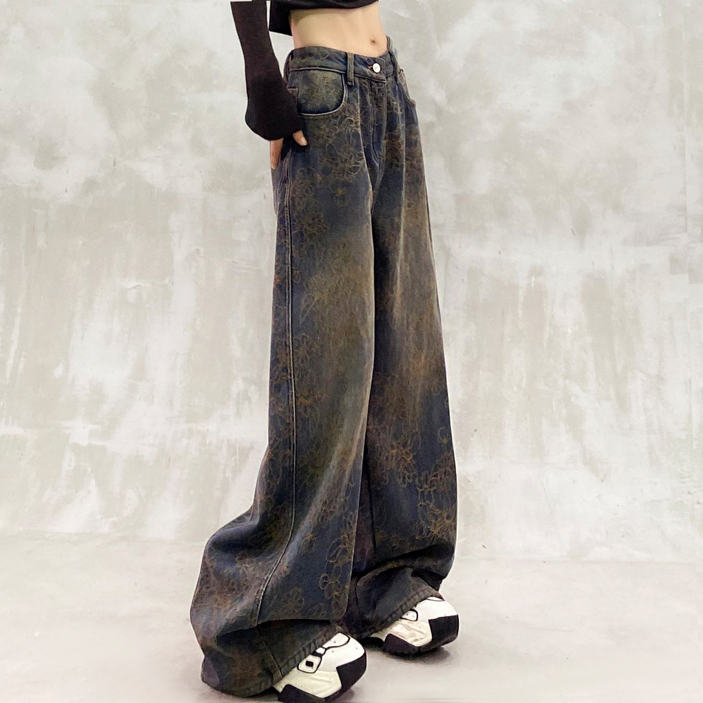 个性印花设计做旧加绒牛仔裤女冬新款高腰宽松显瘦百搭直筒阔腿裤,淘宝优惠券,粉丝福利购,淘宝优惠卷