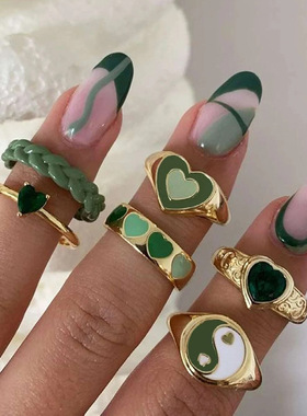 Ring 6-Piece set rings镶嵌水钻桃心戒指 太极爱心滴油戒指6件套