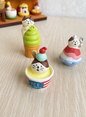 猫部杂货夏日冷饮抹茶冰淇淋贪吃猫咪摆件冷饮铺子装饰微场景公仔