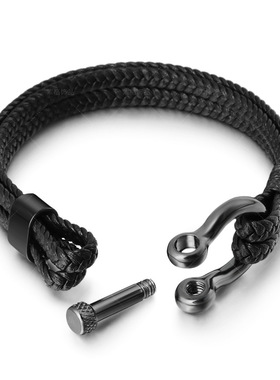 欧美手镯男士配饰钛钢复古饰品跨境新品皮绳编织马蹄扣不锈钢手链