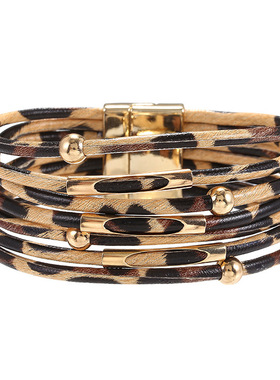 跨境欧美爆款合金豹纹磁铁扣皮革手链穿珠皮绳手环铜管手镯饰品