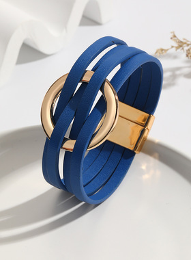 跨境新品交叉皮革女士手链金属大圆环袖口手镯多层腕带磁扣手镯