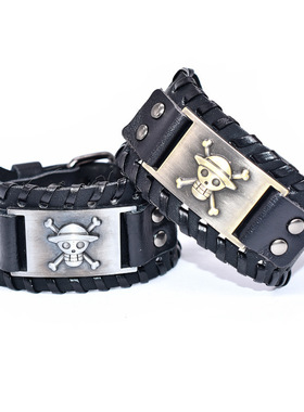 Temu热卖动漫周边海贼王路飞手链男士骷髅调节表带扣头编织