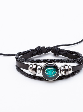 欧美热卖夜光十二星座时光宝石男女情侣士手链复古串珠编织绳饰品