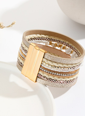 绿松石设计宽边皮革手镯创意镶水钻金色磁扣波西米亚风不规则手饰