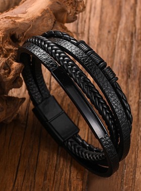 Temu热卖跨境手链多层编织手环欧美流行手链男手工黑色