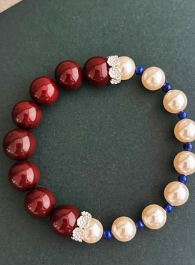 非遗大漆珠赤宝砂珍珠文玩手串S925银手链礼物原创