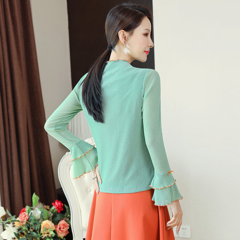 牛油果绿体恤2020秋装新款打底衫 香菲丽莎蕾丝衫/雪纺衫