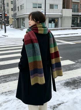 韩系复古彩色条纹围巾女冬季氛围感拼色学生情侣加厚保暖百搭围脖