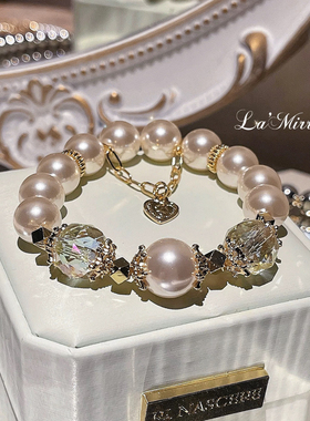 Akoya法式复古珍珠手链彩虹极光白水晶施家澳白奶油画手串礼物女
