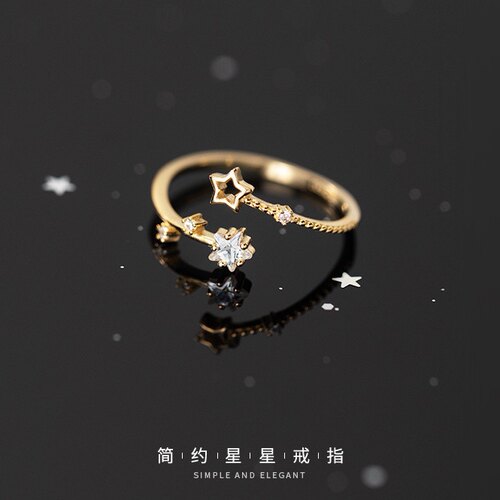 ins流星月微镶莫桑石925纯银包金开口戒指环可调节日系轻奢钻戒 - 图1