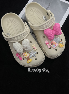 高级感绿蝴蝶结甜美多巴胺鞋扣crocs骨白黑色洞洞鞋diy配饰女鞋花