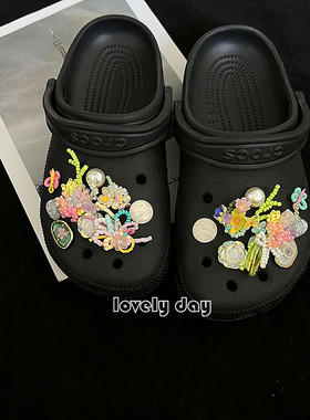 猫然原创手工串珠鞋花crocs洞洞鞋配饰度假风绝美高级繁花小众款