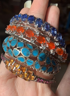 蓝晶石火欧泊黄水晶银开口手镯