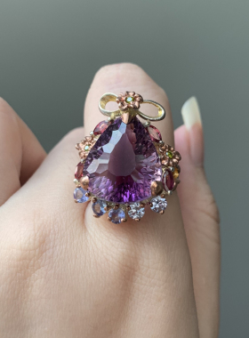 欧美天然紫水晶祖母绿宝石银戒指